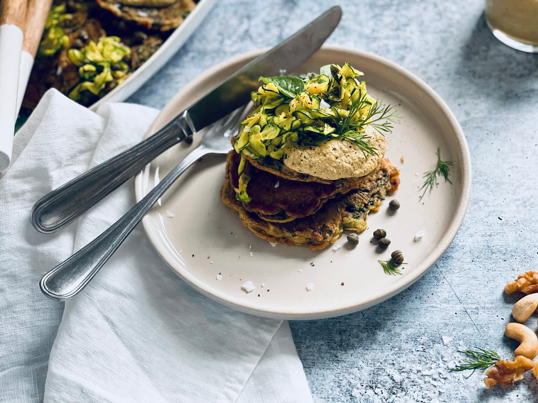 Fluffy Herbed Egg Cakes with Cashew Cream and Pickled Zucchini