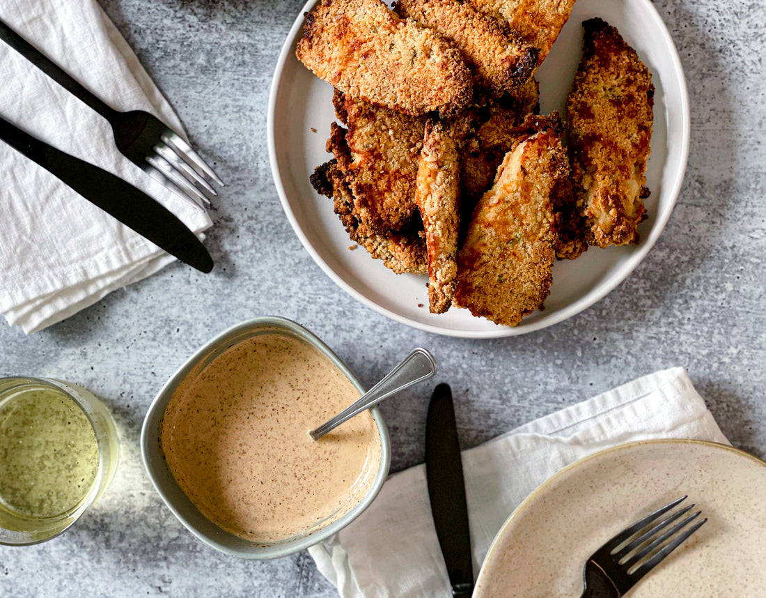 Macadamia-Crusted Chicken Tenders with Chipotle Ranch Dipping Sauce