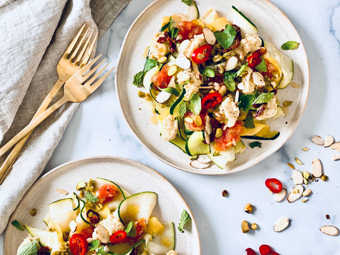 Zucchini and Summer Squash Carpaccio Salad With Almond Ricotta